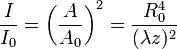\frac{I}{I_0}=\left(\frac{A}{A_0}\right)^2=\frac{R_0^4}{(\lambda z)^2}