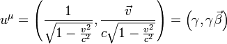 u^{\mu}=\left(\frac{1}{\sqrt{1-\frac{v^2}{c^2}}}, \frac{\vec{v}}{c\sqrt{1-\frac{v^2}{c^2}}}\right)=\left(\gamma,\gamma\vec{\beta}\right)