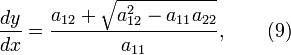 \frac{dy}{dx}=\frac{a_{12}+\sqrt{a_{12}^2-a_{11}a_{22}}}{a_{11}},~~~~~~(9)