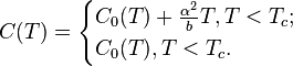 C(T)=\begin{cases}
C_0(T)+\frac{\alpha^2}{b}T, T<T_c;\\
C_0(T), T<T_c.
\end{cases}