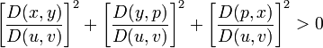 \left[\frac{D(x,y)}{D(u,v)}\right]^2+\left[\frac{D(y,p)}{D(u,v)}\right]^2+\left[\frac{D(p,x)}{D(u,v)}\right]^2 > 0