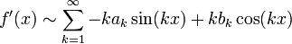 f'(x)\sim \sum_{k=1}^{\infty}-ka_k\sin(kx)+kb_k\cos(kx)