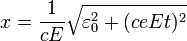x=\frac{1}{cE}\sqrt{\varepsilon_0^2+(ceEt)^2}