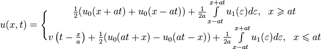 u(x,t)=\Bigg\{\begin{matrix}
 \frac{1}{2}(u_0(x+at)+u_0(x-at))+\frac{1}{2a}\int\limits_{x-at}^{x+at}u_1(\varepsilon)d\varepsilon,~~x\geqslant at\\
v\left(t-\frac{x}{a}\right)+\frac{1}{2}(u_0(at+x)-u_0(at-x))+\frac{1}{2a}\int\limits_{x-at}^{x+at}u_1(\varepsilon)d\varepsilon,~~x\leqslant at
\end{matrix}