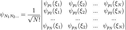 \psi_{N_1N_2...}=\frac{1}{\sqrt{N!}}
\begin{vmatrix}
\psi_{p_1}(\xi_1) & \psi_{p_1}(\xi_2) & ... &\psi_{p_1}(\xi_N) \\
\psi_{p_2}(\xi_1) & \psi_{p_2}(\xi_2) & ... &\psi_{p_2}(\xi_N) \\
...&...&...&...\\
\psi_{p_N}(\xi_1) & \psi_{p_N}(\xi_2) & ... &\psi_{p_N}(\xi_N)
\end{vmatrix}